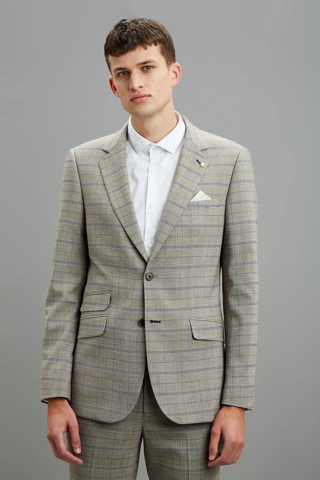 103 Neutral Navy Check Skinny Fit Suit Jacket image number 1