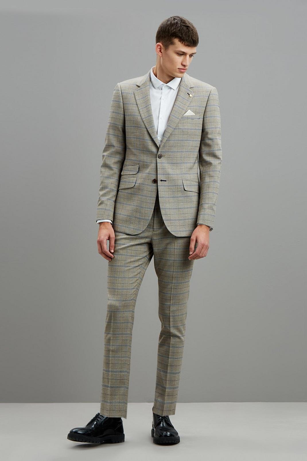 103 Neutral Navy Check Skinny Fit Suit Jacket image number 2
