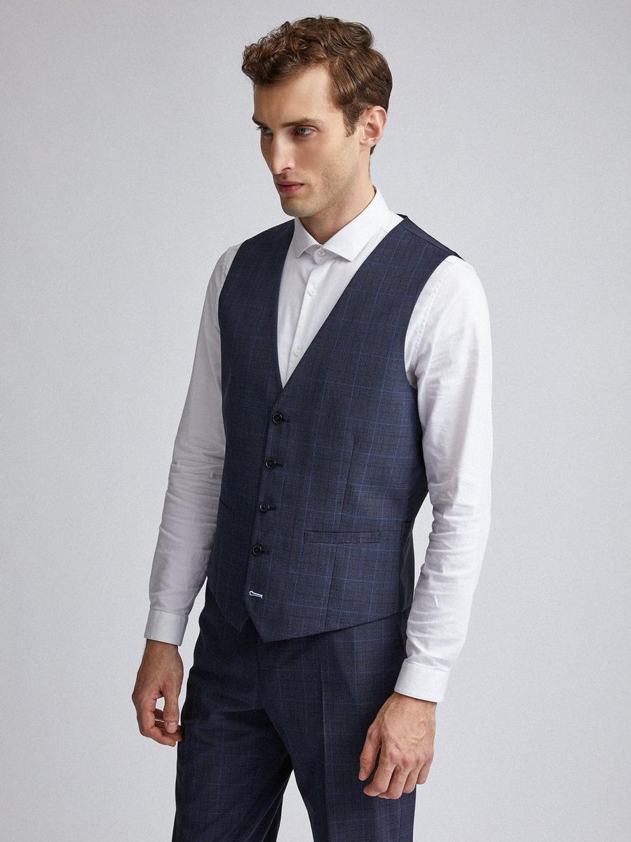Navy Tonal Check Tailored Fit Suit Waistcoat