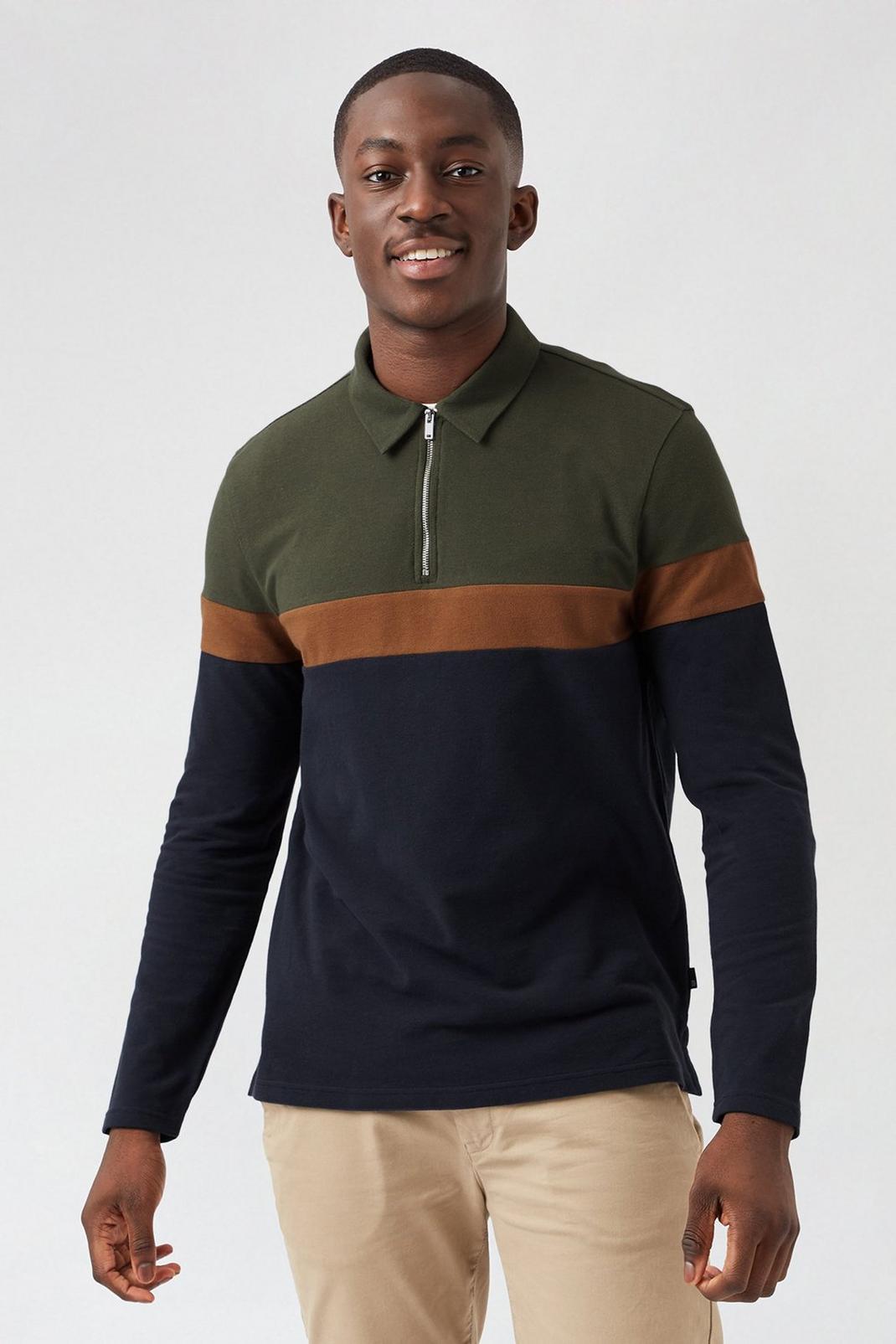 135 Khaki Cut and Sew Long Sleeved Polo Shirt image number 1