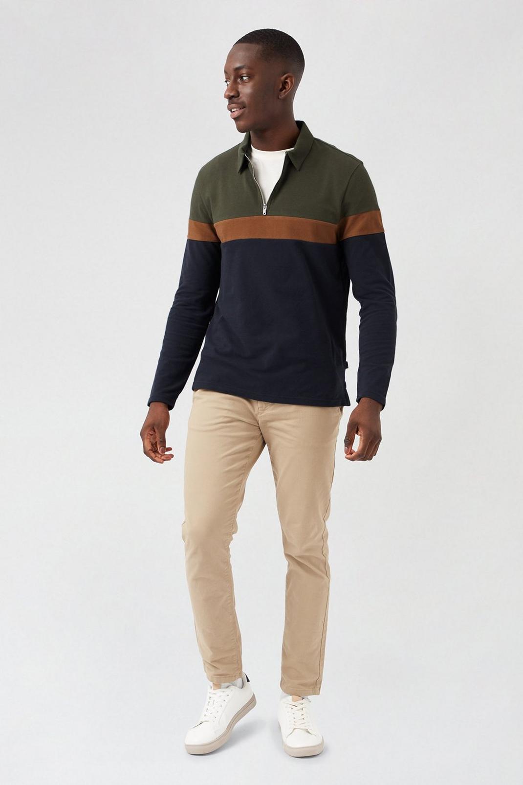 135 Khaki Cut and Sew Long Sleeved Polo Shirt image number 2