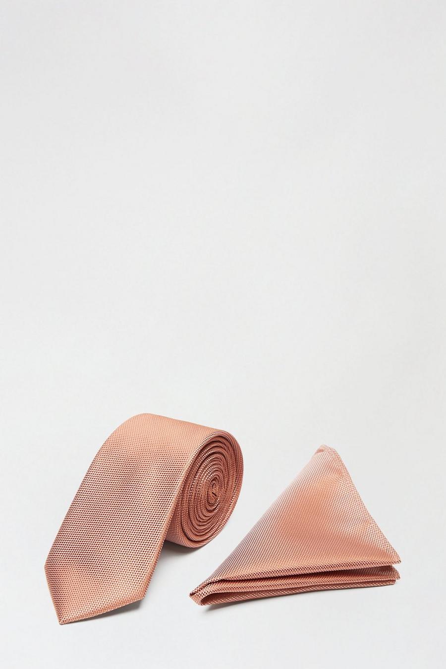 Slim Salmon Pink Texture Tie And Pocket Square Set