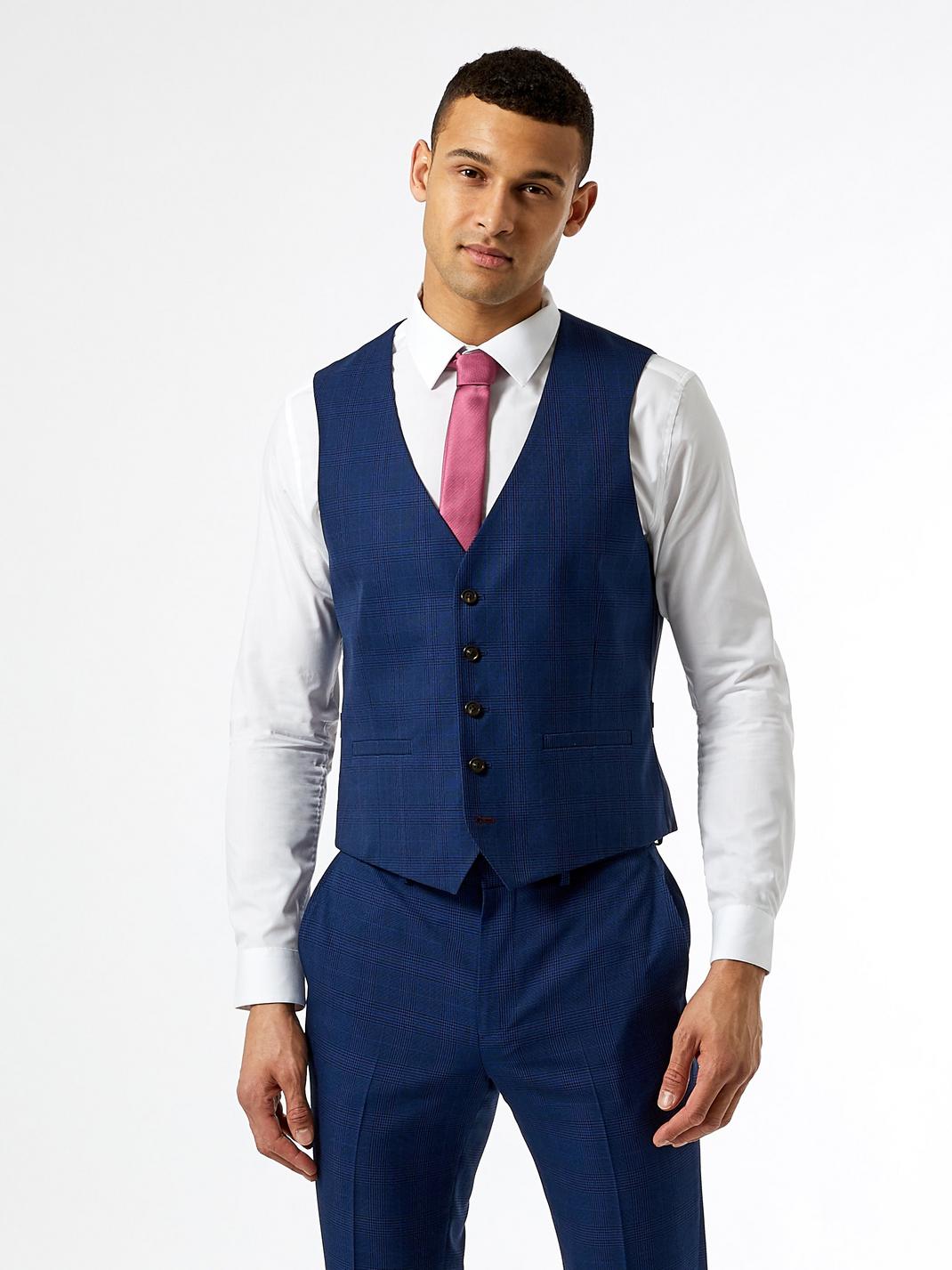 Slim Fit Navy And Red Highlight Check Waistcoat image number 1