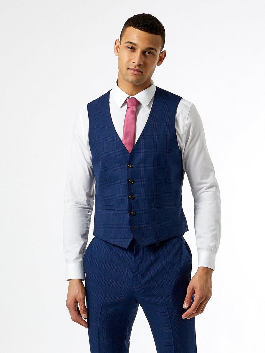 Slim Fit Navy And Red Highlight Check Waistcoat