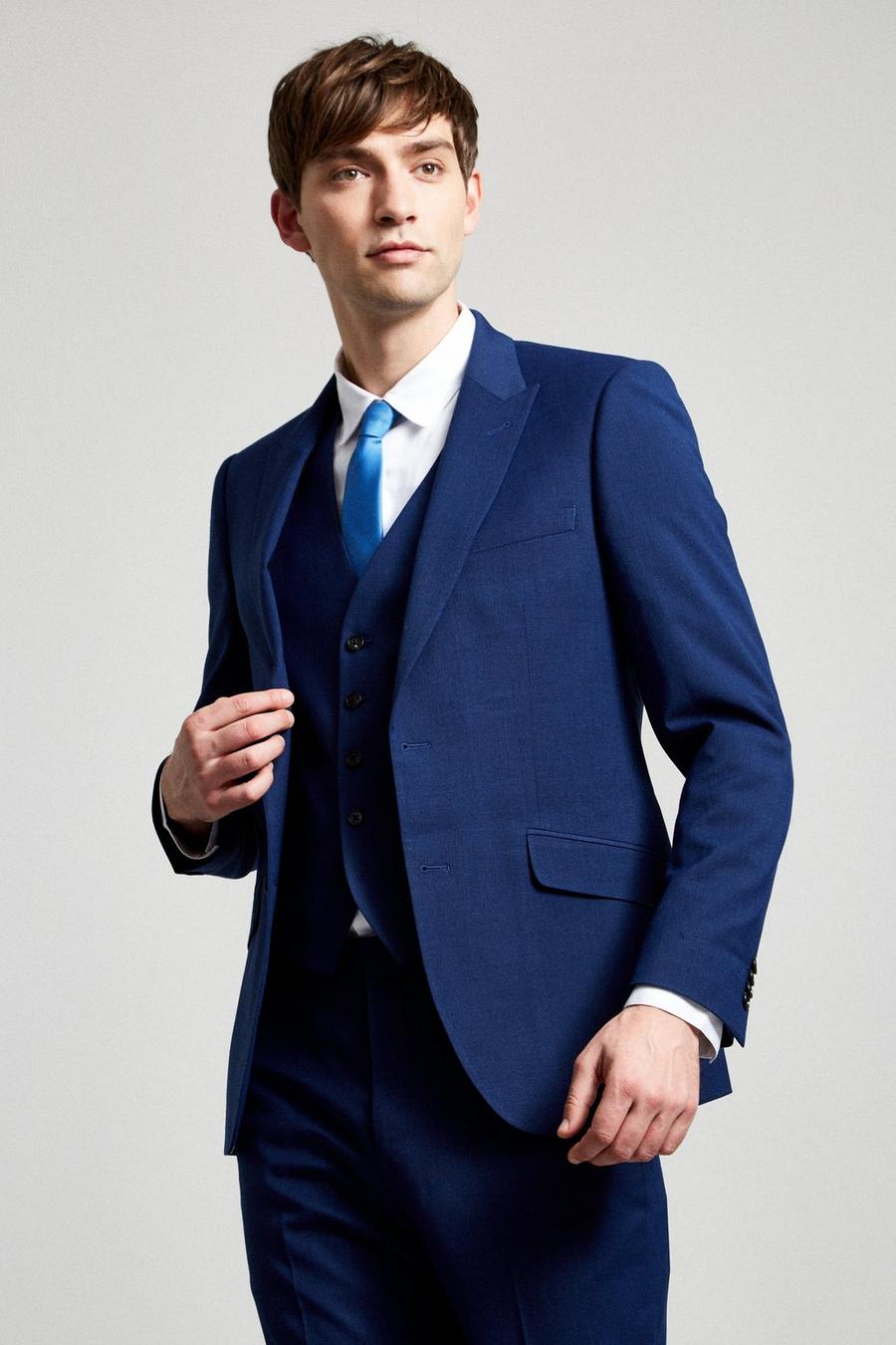 Blue Texture Slub Slim Fit Suit Jacket
