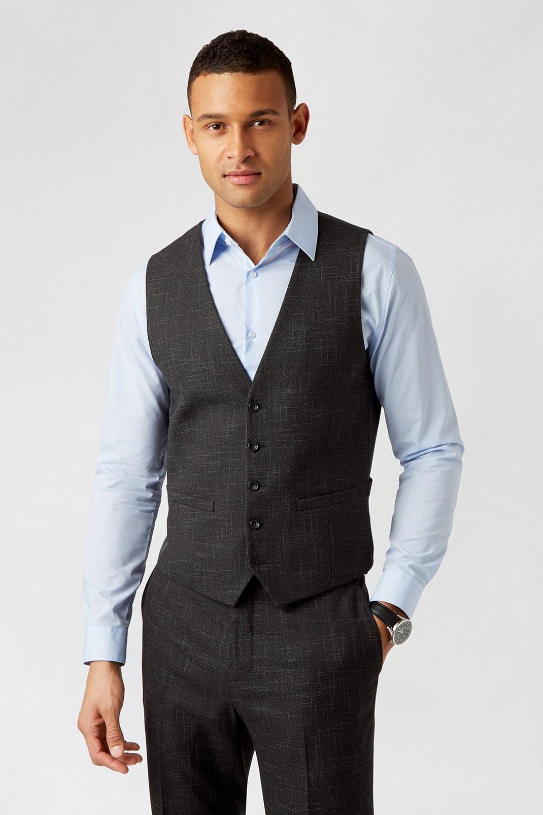 105 Black Scratch Slim Fit Suit Waistcoat image number 1