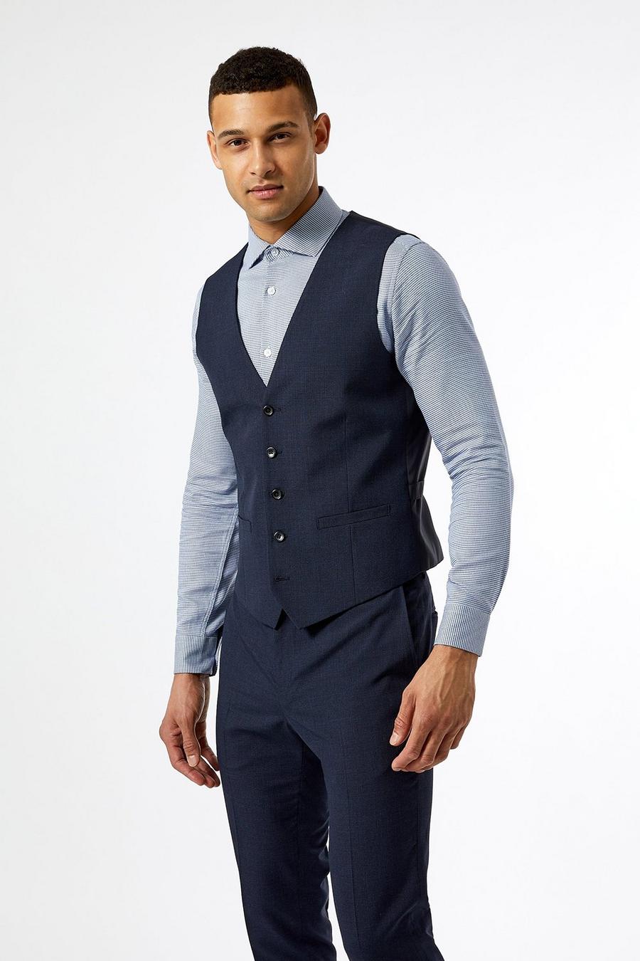 Skinny Fit Mid Blue Jaspe Check Suit Waistcoat