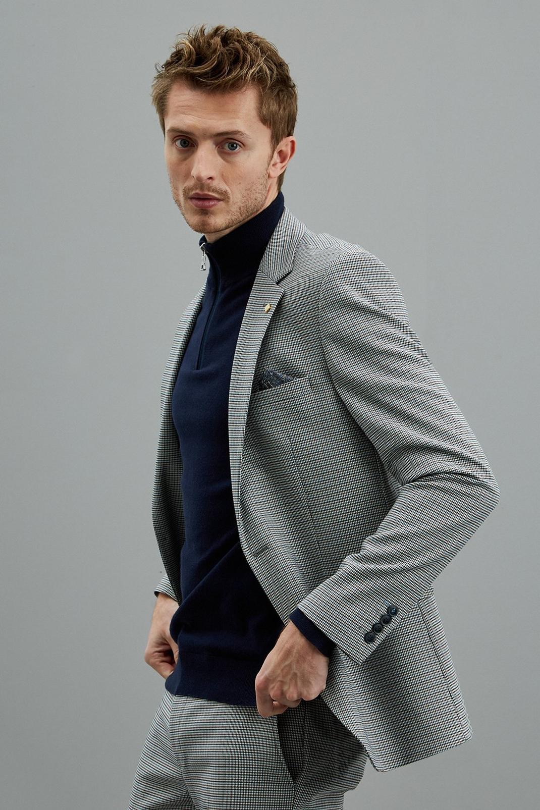 Skinny Fit Aqua And Brown Dogtooth Suit Jacket image number 1