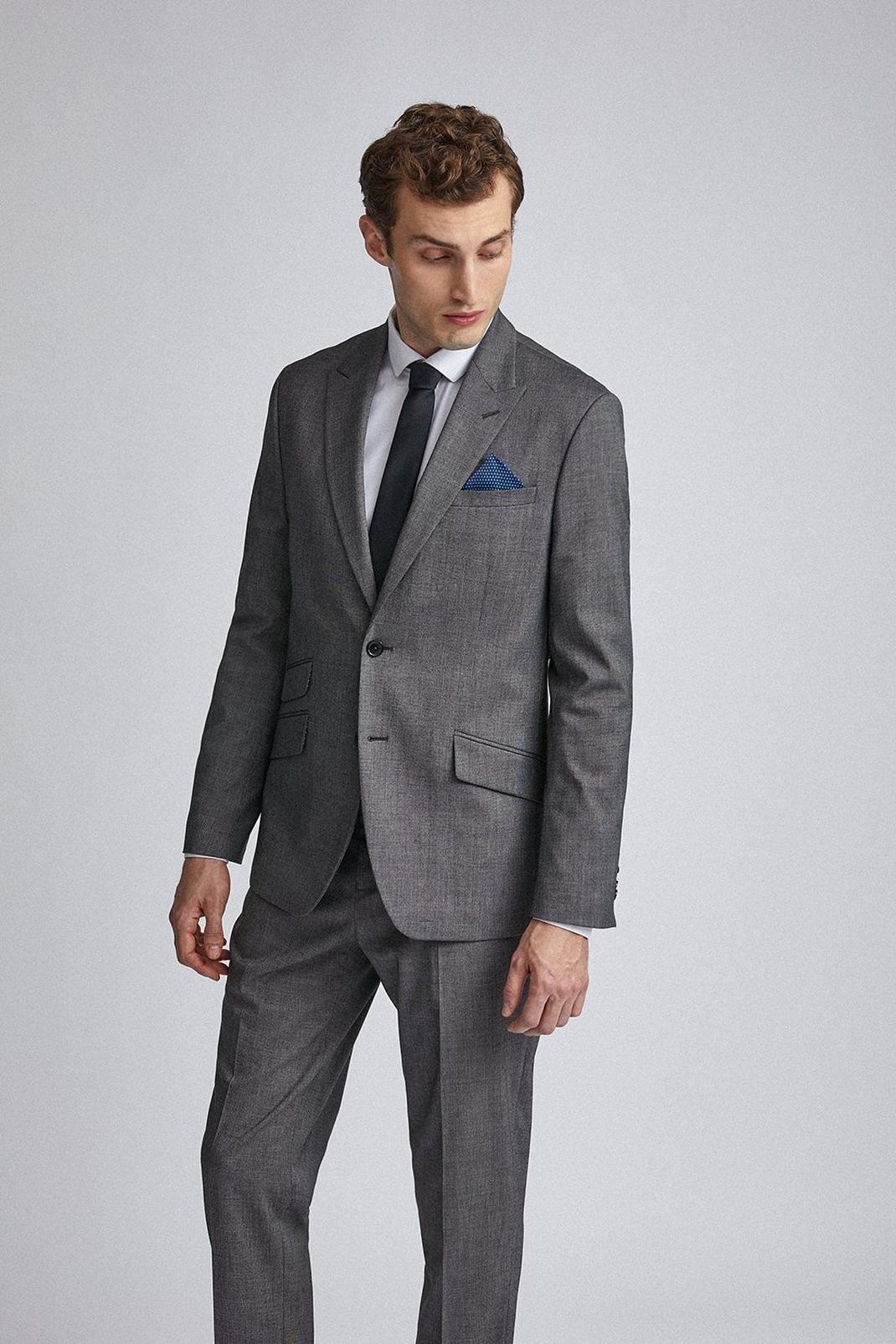 Grey Tailored Fit Charcoal End on End Weave Suit Jacket image number 1