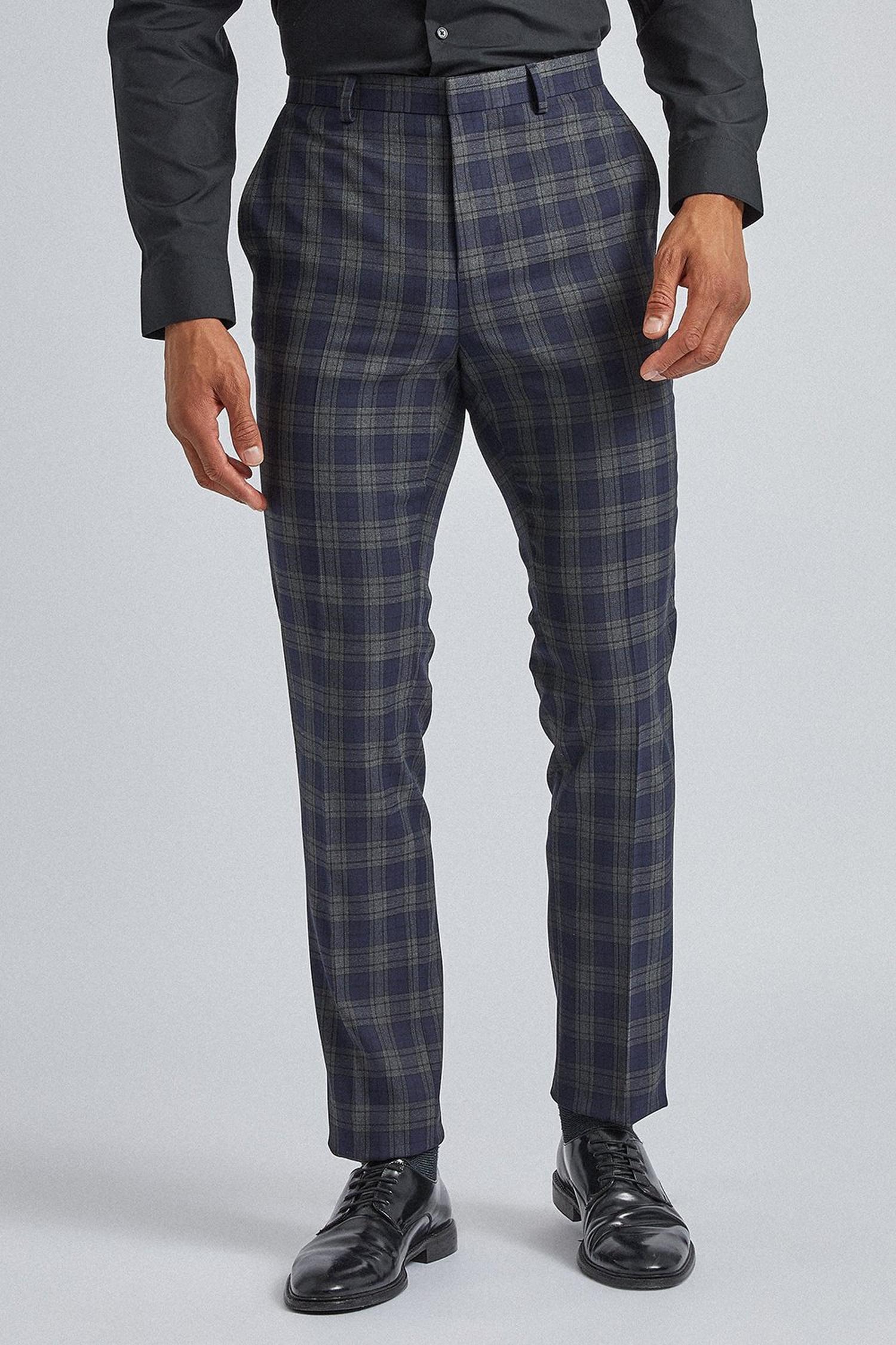 Navy and Grey Tartan Slim Fit Suit Trousers | Burton UK