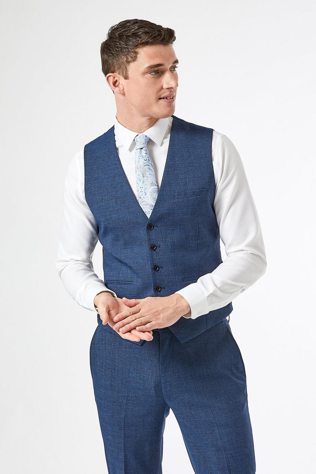Blue Texture End On End Slim Fit Waistcoat image number 1