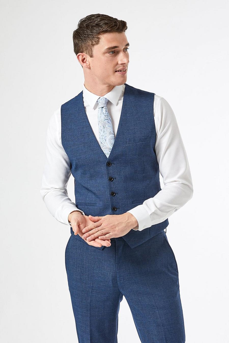 Blue Texture End On End Slim Fit Waistcoat
