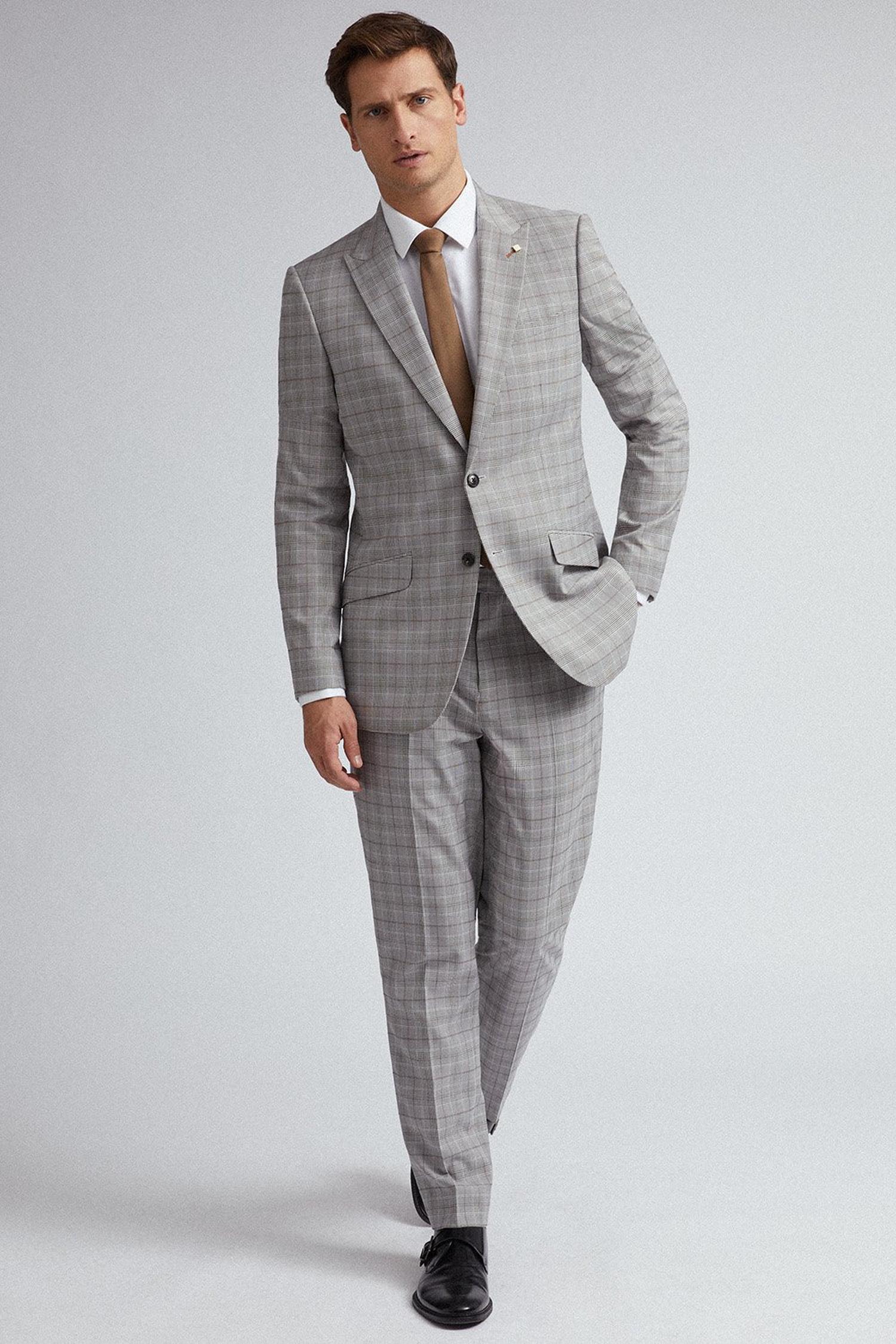 Grey Neutral Slim Fit Pow Check Suit Jacket | Burton UK