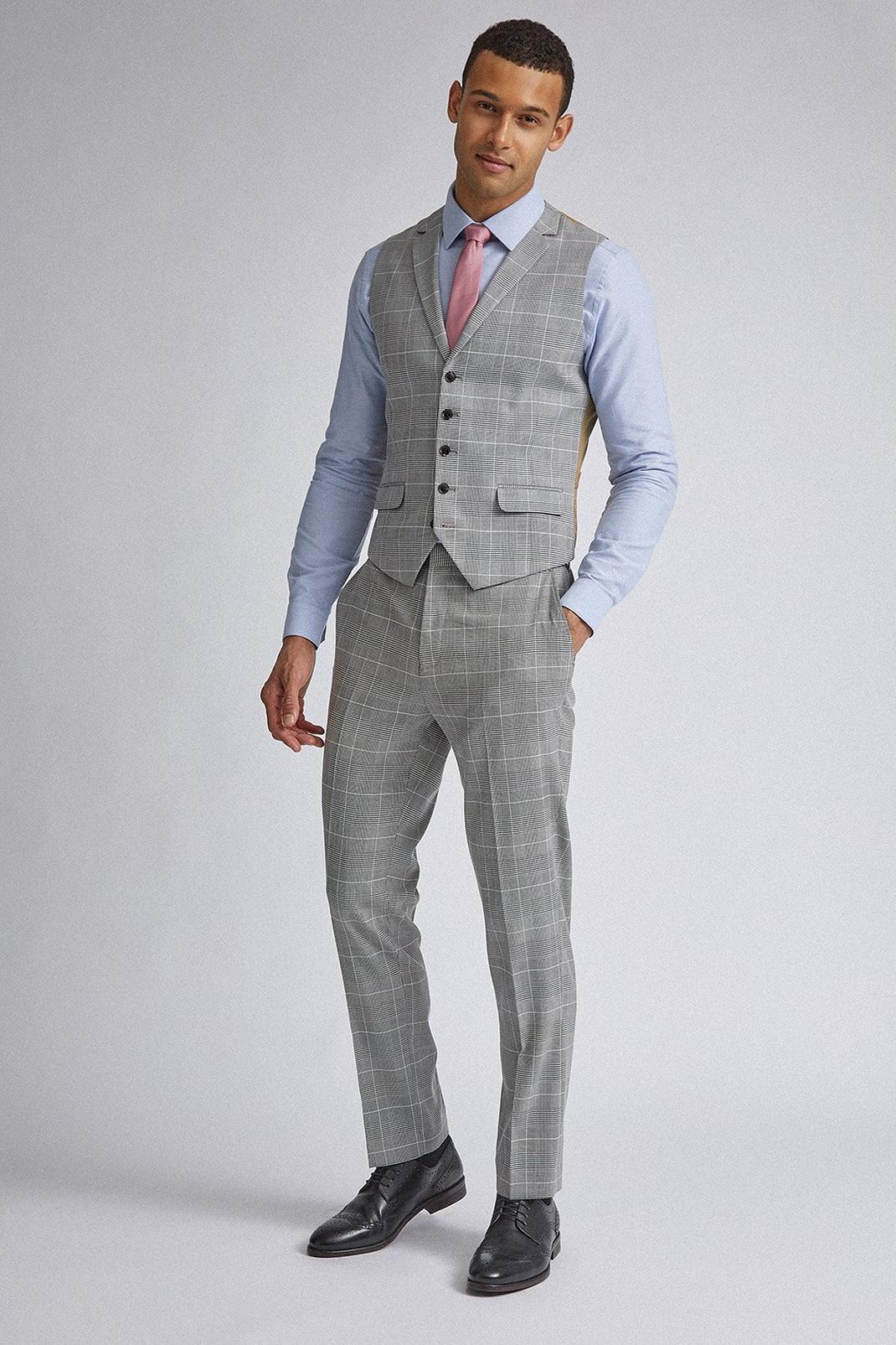 Grey Pink Pow Check Slim FIt Waistcoat image number 1
