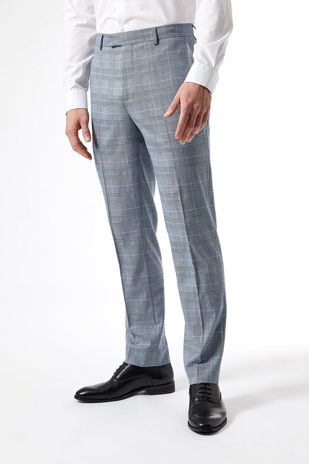 106 Light Blue Pow Check Slim Fit Suit Trousers image number 1