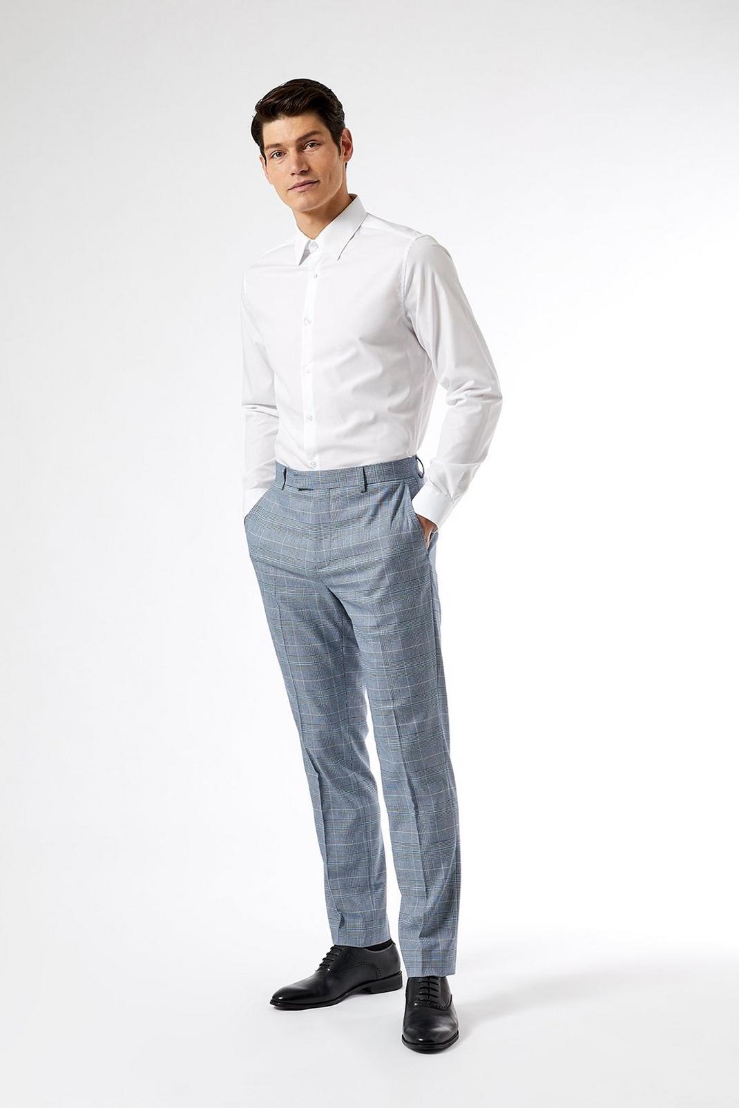 106 Light Blue Pow Check Slim Fit Suit Trousers image number 2