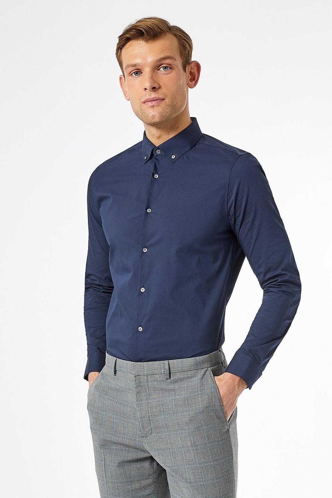 148 Navy Skinny Fit Button Down Stretch Shirt image number 1