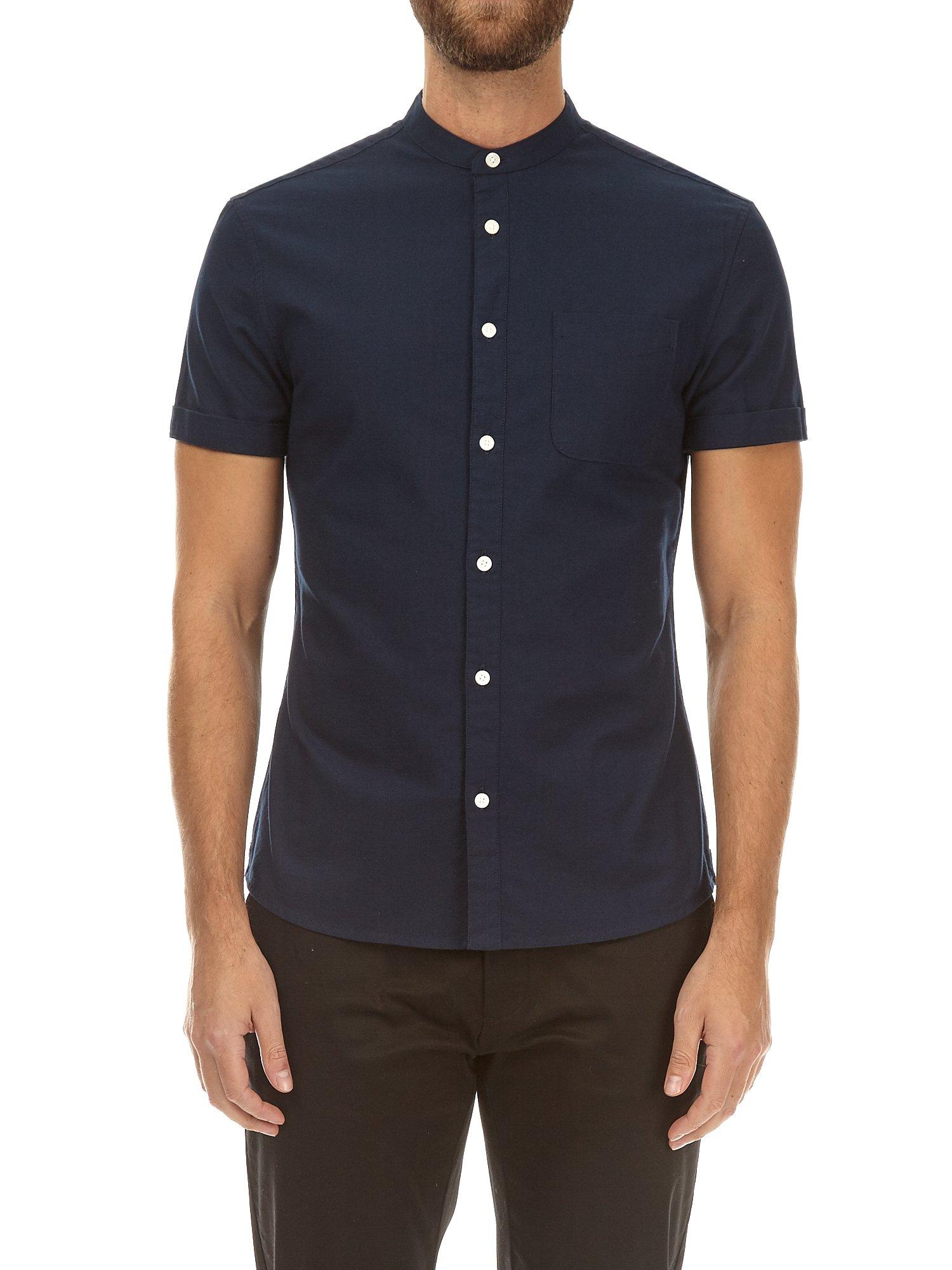 Navy Short Sleeve Grandad Collar Oxford Shirt | Burton UK