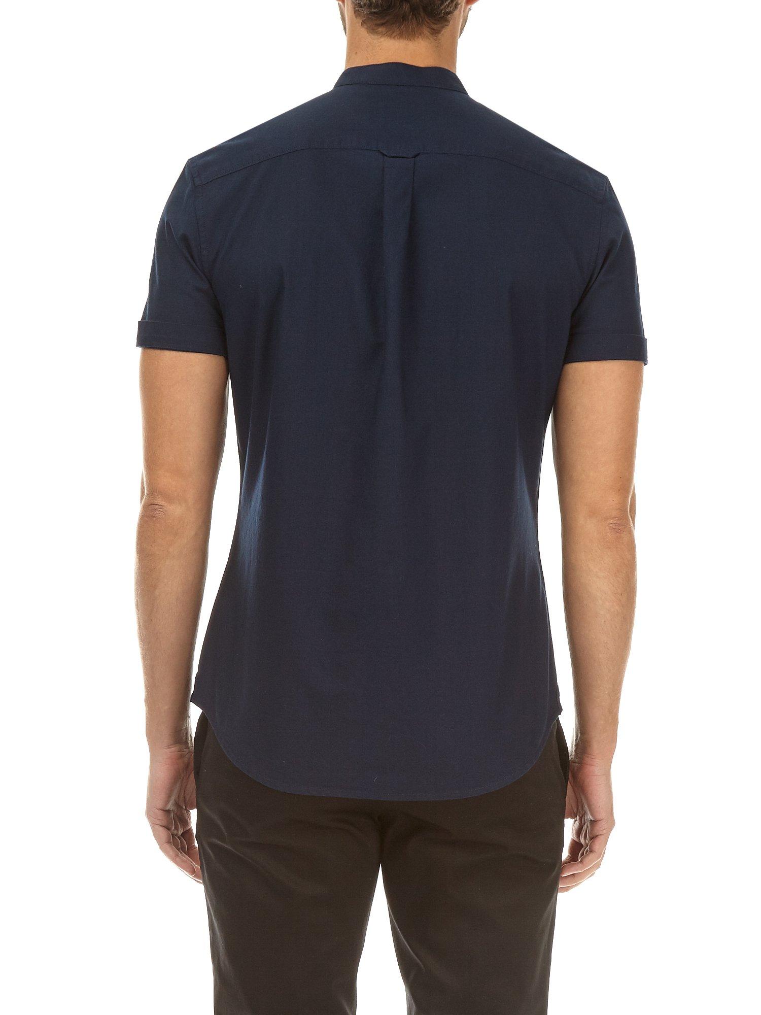 Navy Short Sleeve Grandad Collar Oxford Shirt | Burton UK