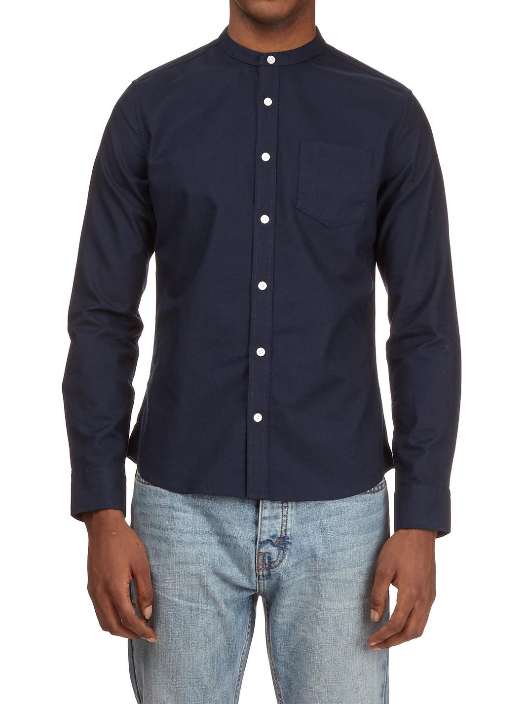 Navy Long Sleeve Grandad Collar Oxford Shirt image number 1