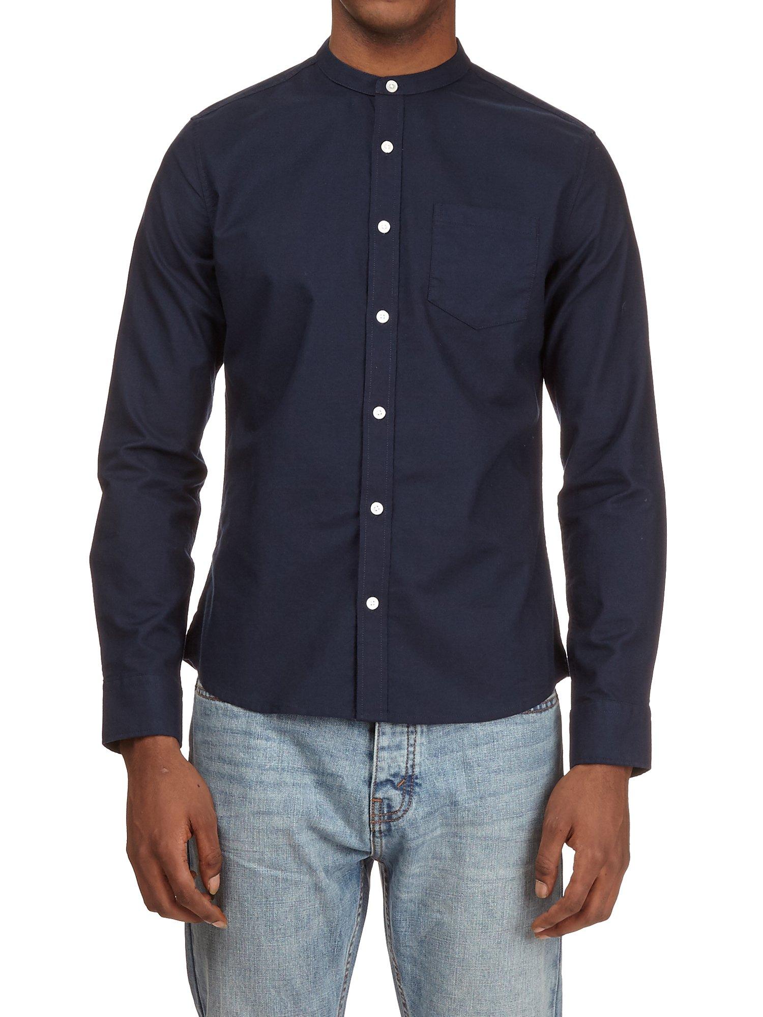 Navy Long Sleeve Grandad Collar Oxford Shirt | Burton UK