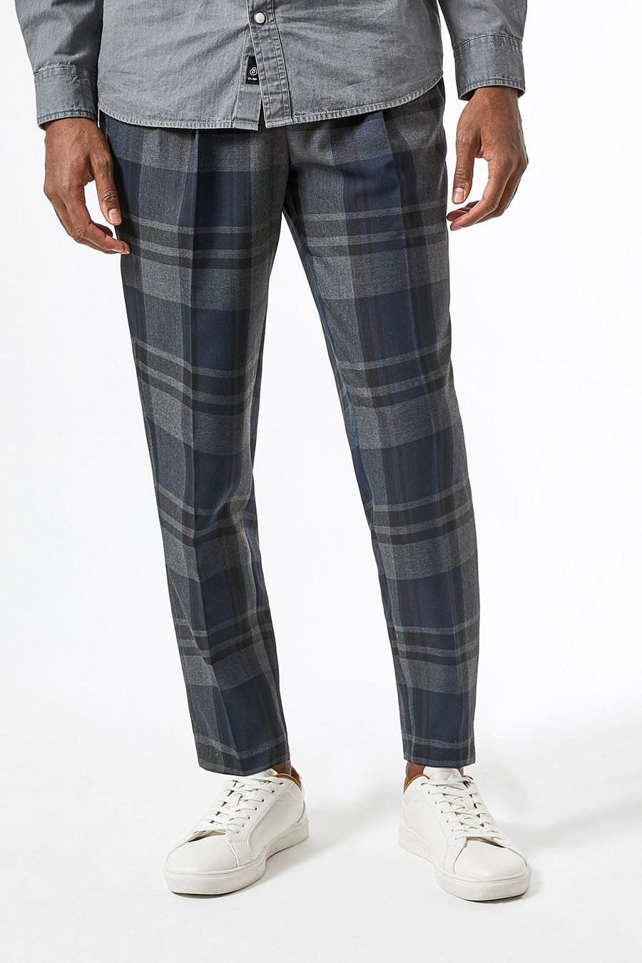 Tapered Navy Tartan Check Trousers