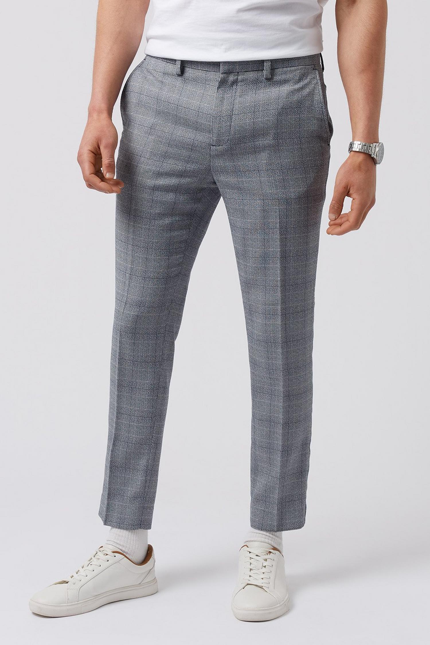 Mid Grey Slim Micro Check Trousers | Burton UK