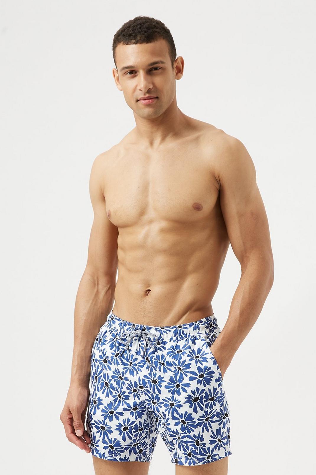 Multi White Large Abstract Floral Print Swim Shorts image number 1
