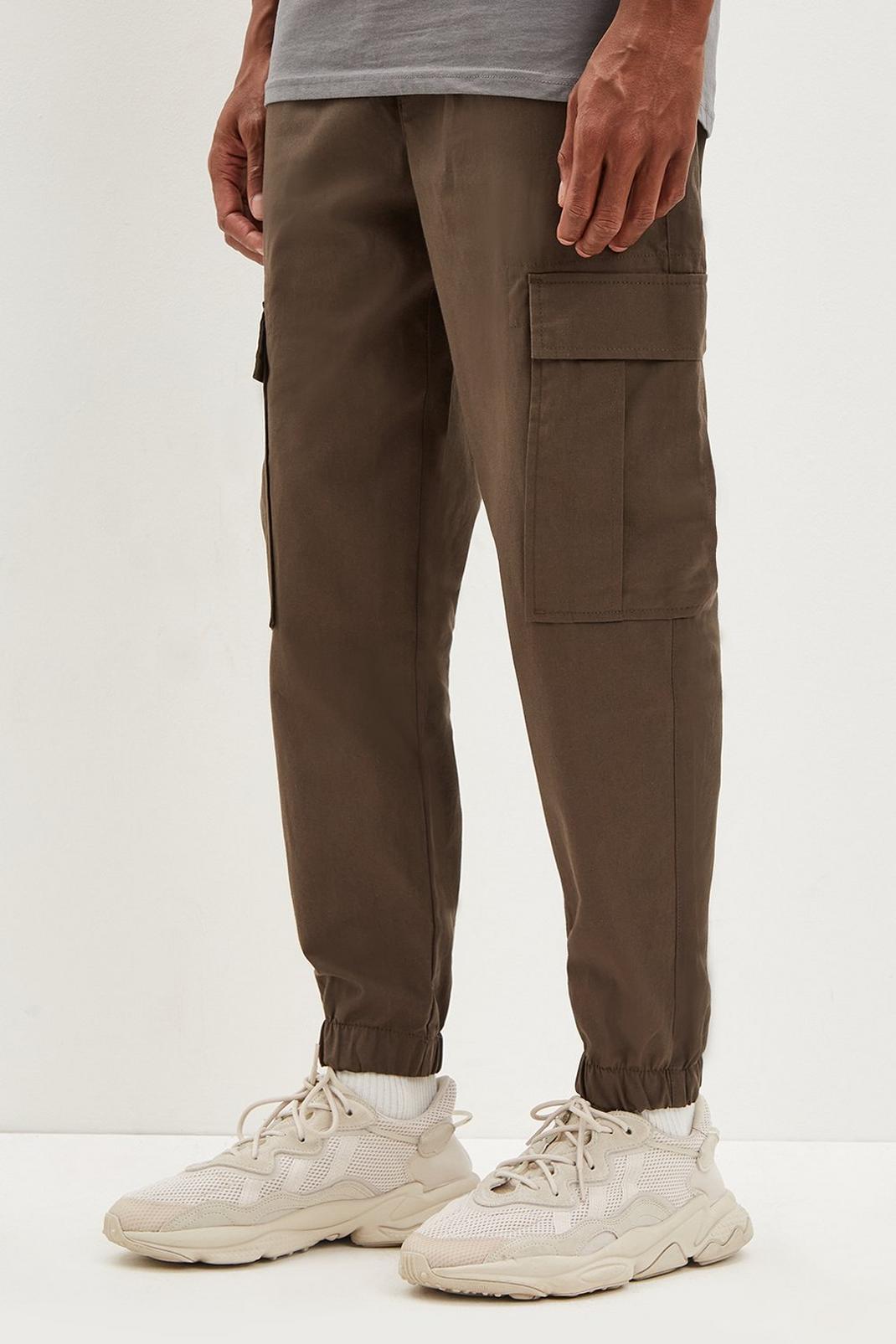 Khaki Tapered Fit Drawstring Cargo Trousers image number 1