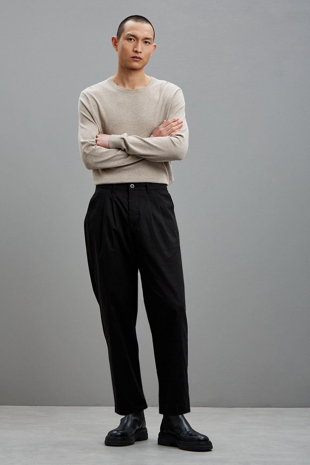Black Wide Tapered Pleat Trousers image number 1