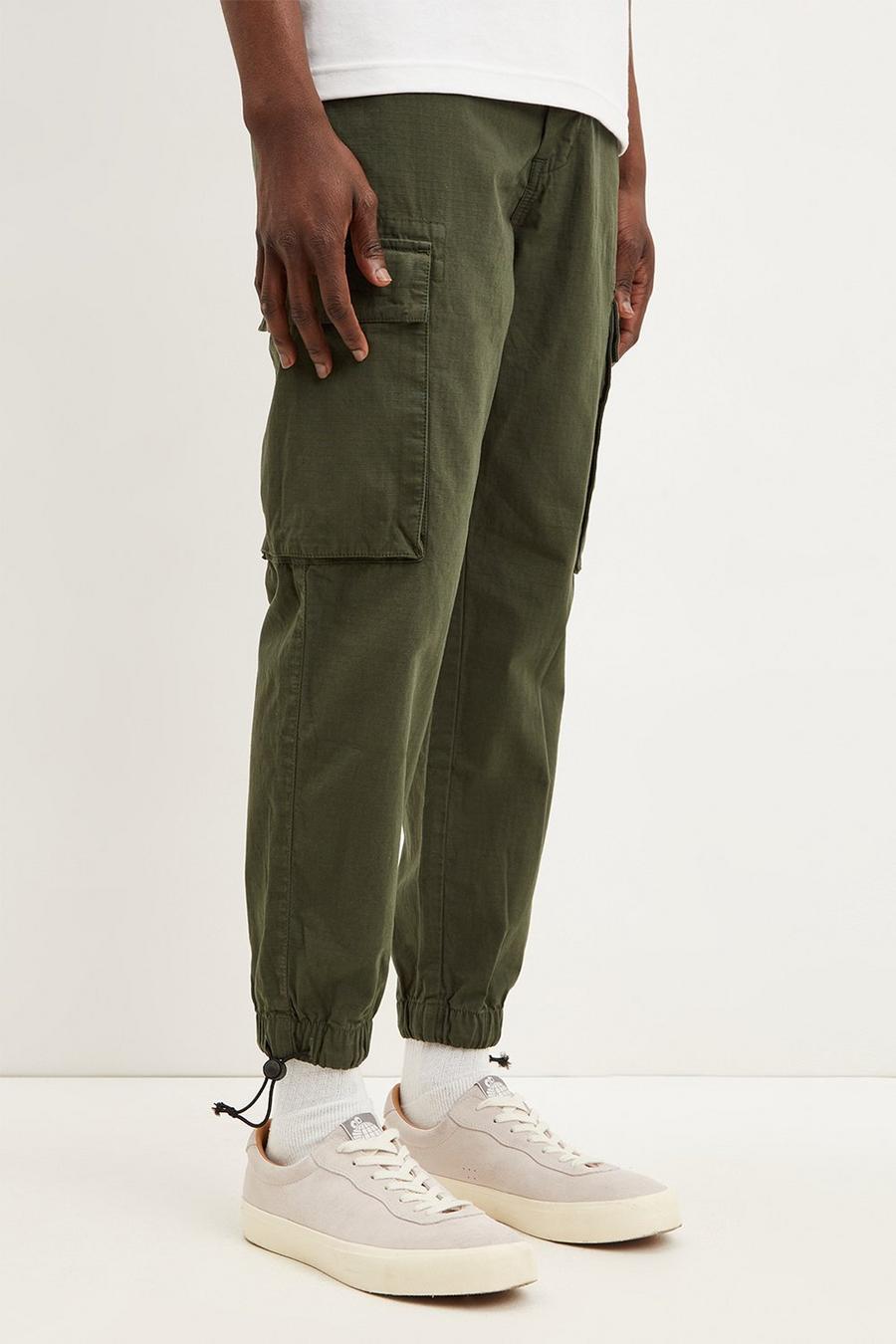 Tapered Khaki Cargo Ripstop Trousers