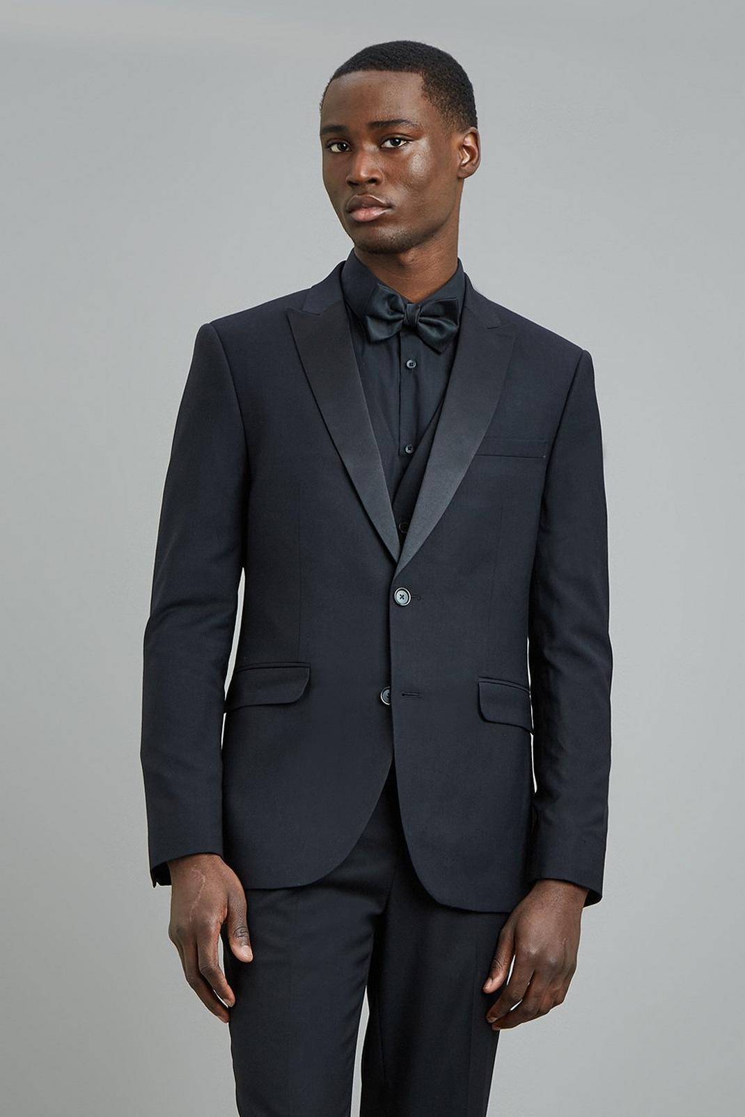 105 Black Stretch Skinny Fit Tuxedo Suit Jacket image number 1