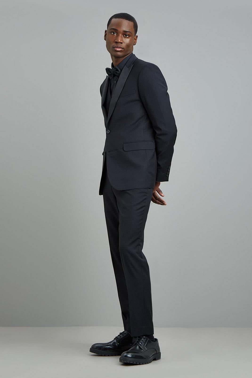 105 Black Stretch Skinny Fit Tuxedo Suit Jacket image number 2