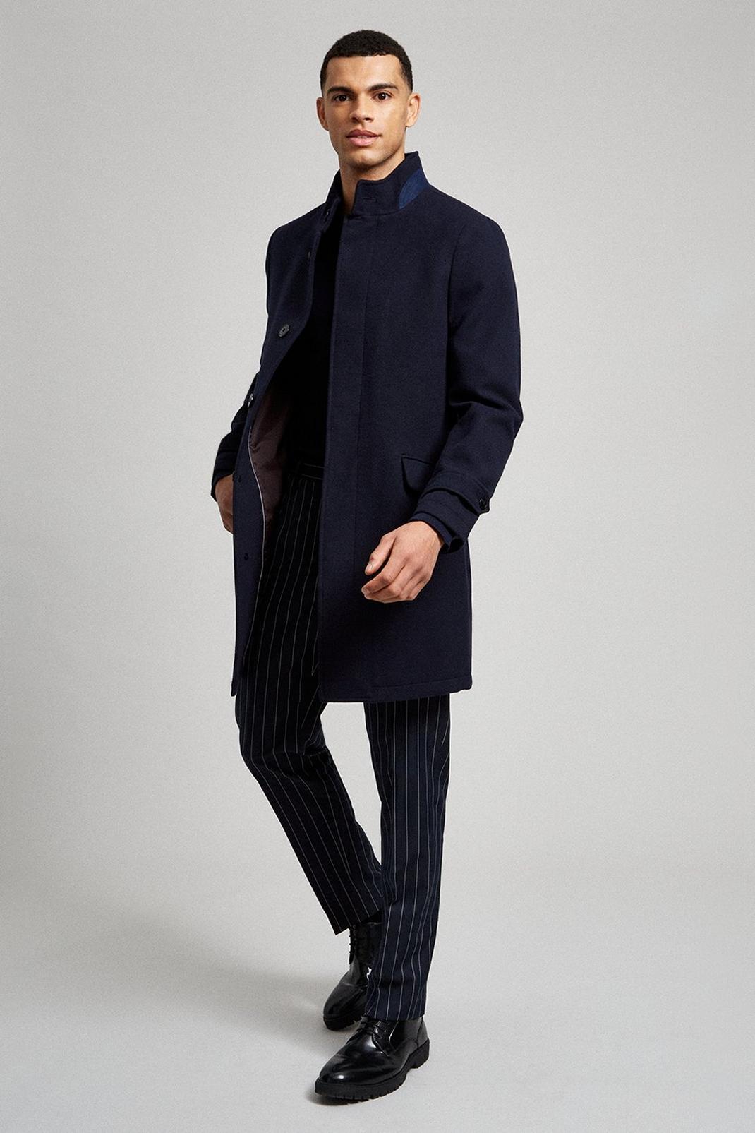 148 Navy Faux Wool Funnel Neck Coat image number 2