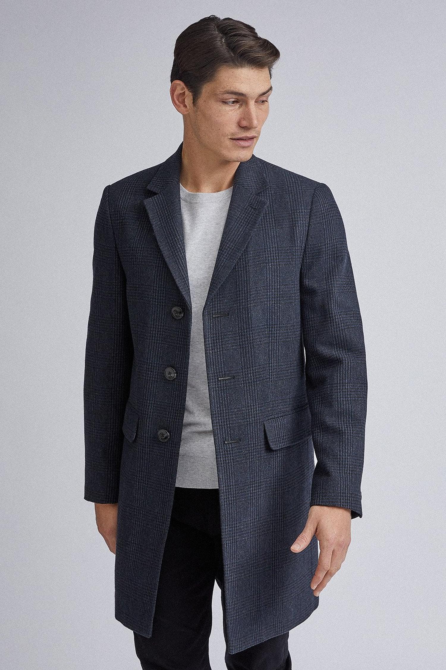 Navy Checkered Faux Wool Overcoat | Burton UK