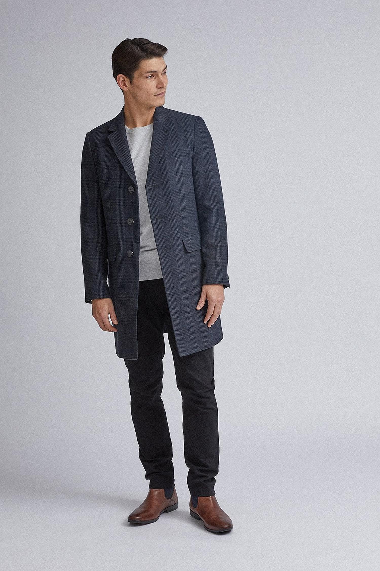 Navy Checkered Faux Wool Overcoat | Burton UK