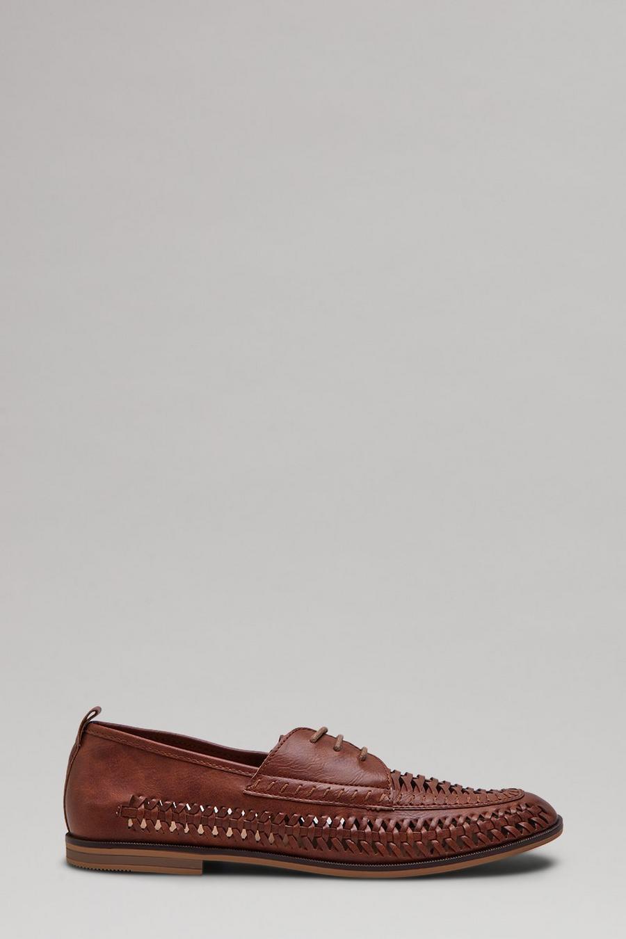 Tan PU Leather Look Lace-up Woven Loafers