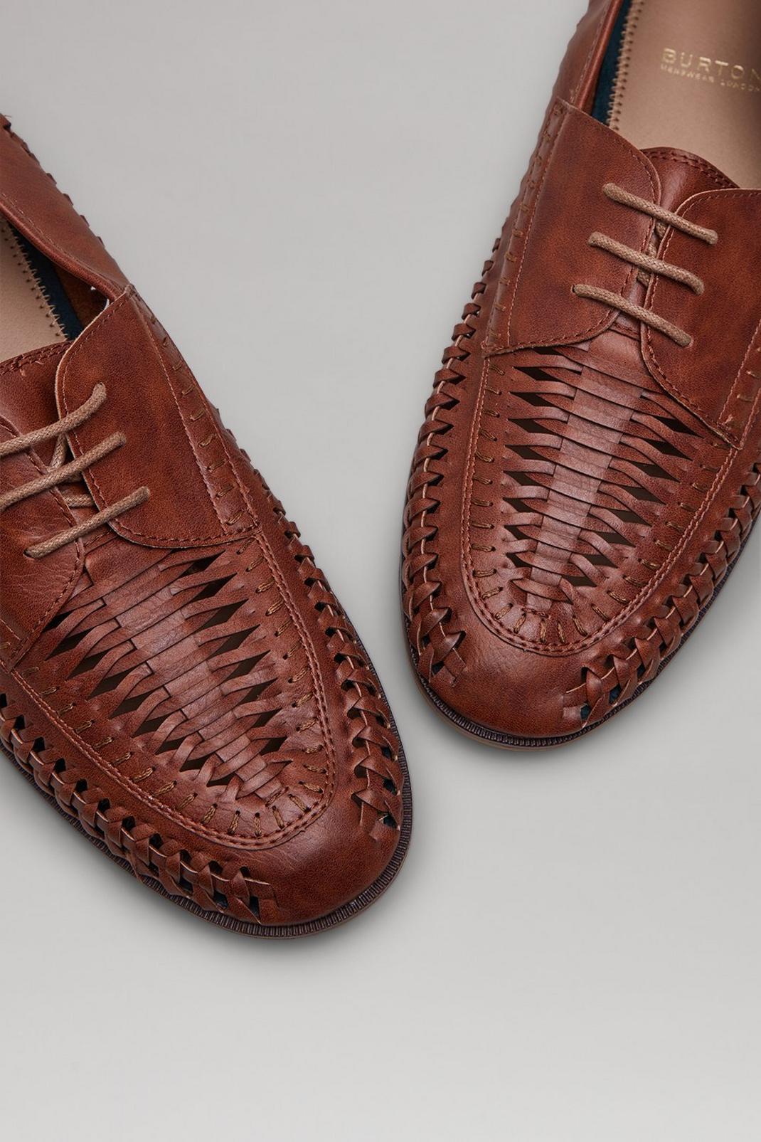 109 Tan PU Leather Look Lace-up Woven Loafers image number 2