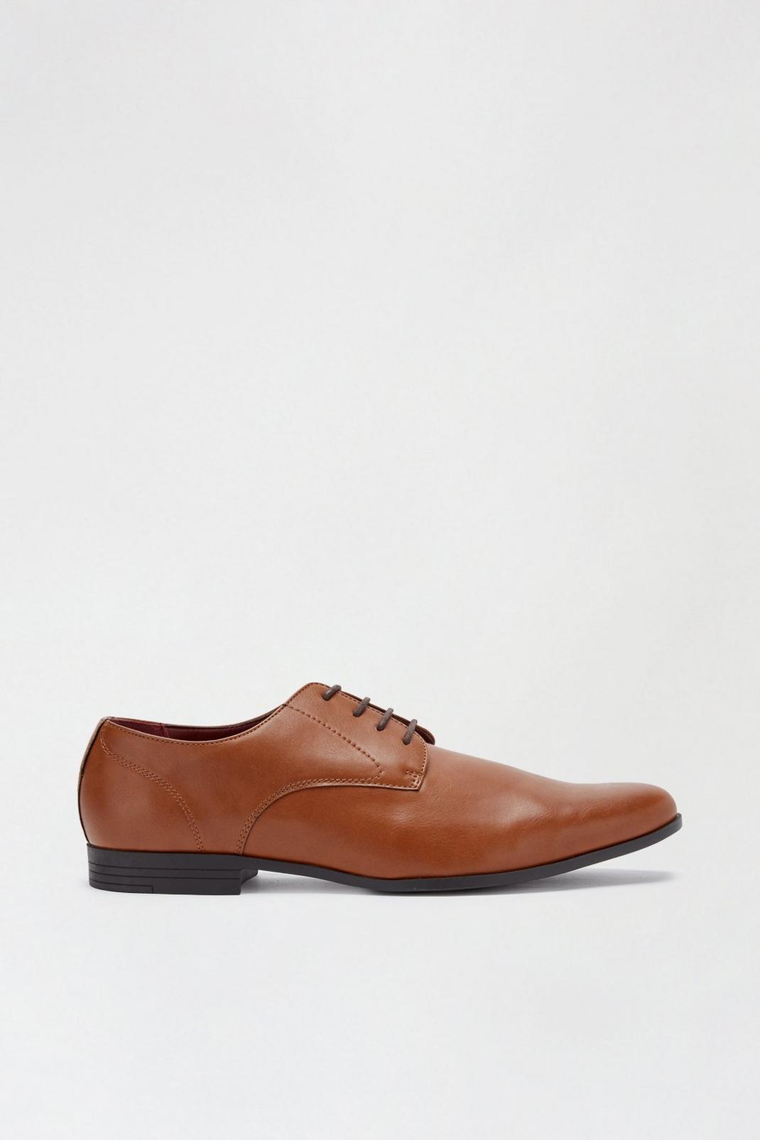 Brown Tan Leather Look Derby Shoes image number 1