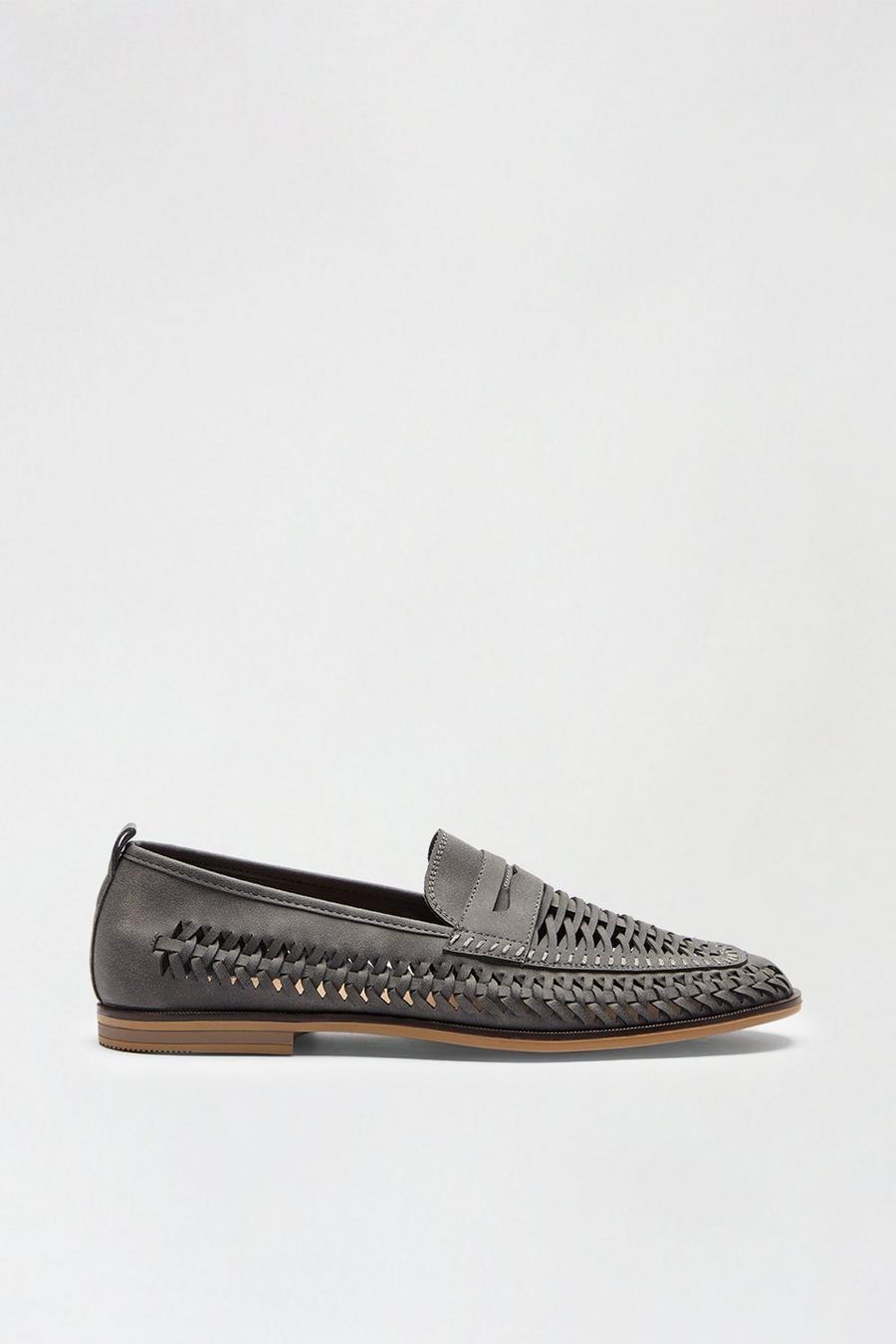 Grey Leather Look Woven Loafers