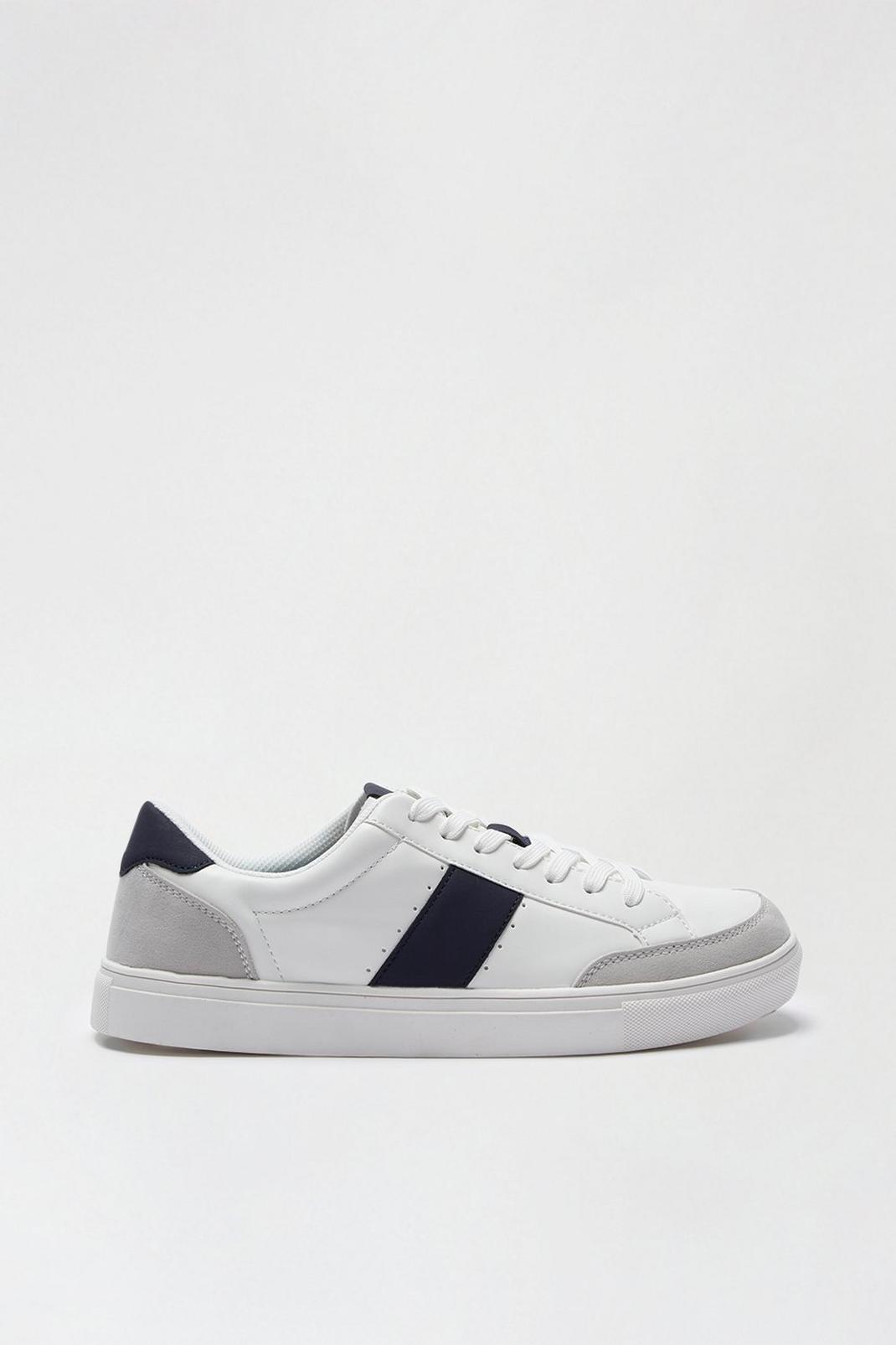 173 White Leather Look Trainers with Navy Stripe image number 1