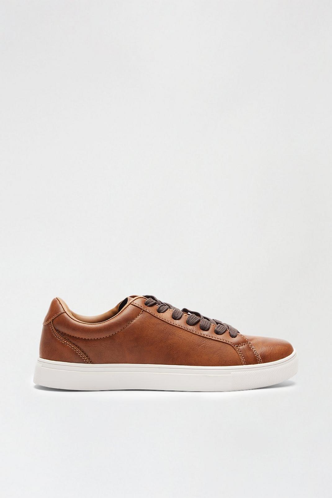 109 Tan PU Leather Look Lace-Up Trainers image number 1