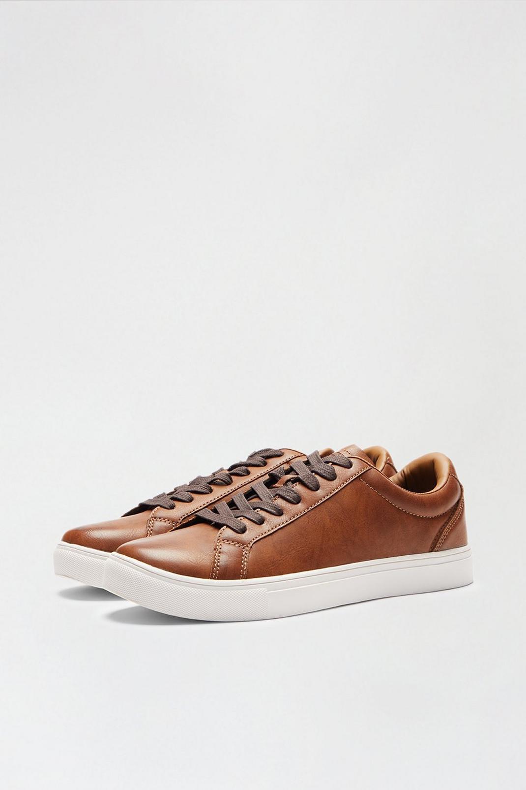 109 Tan PU Leather Look Lace-Up Trainers image number 2