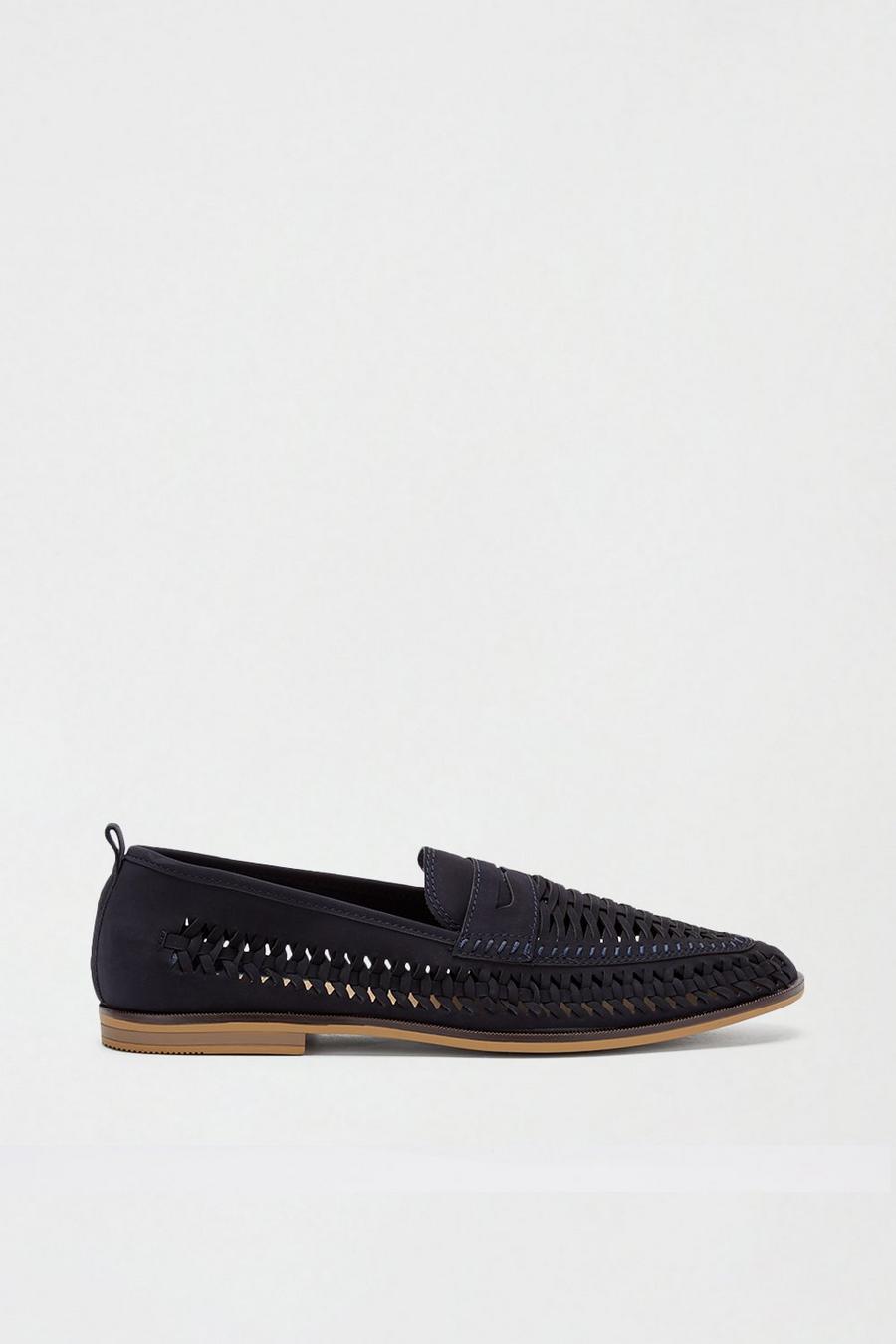 Navy Leather Look Woven Loafers