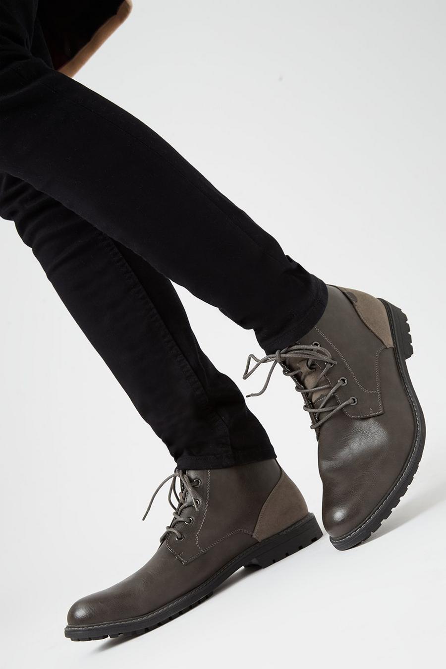 Dark Grey Leather Look Worker Boots