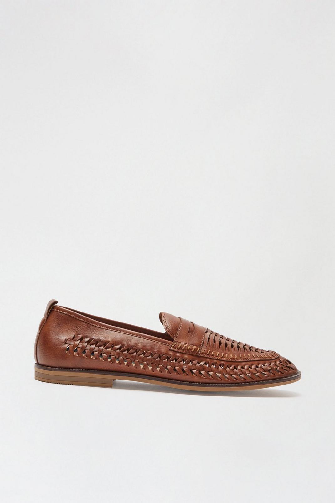 Brown Tan Leather Look Woven Loafers image number 1