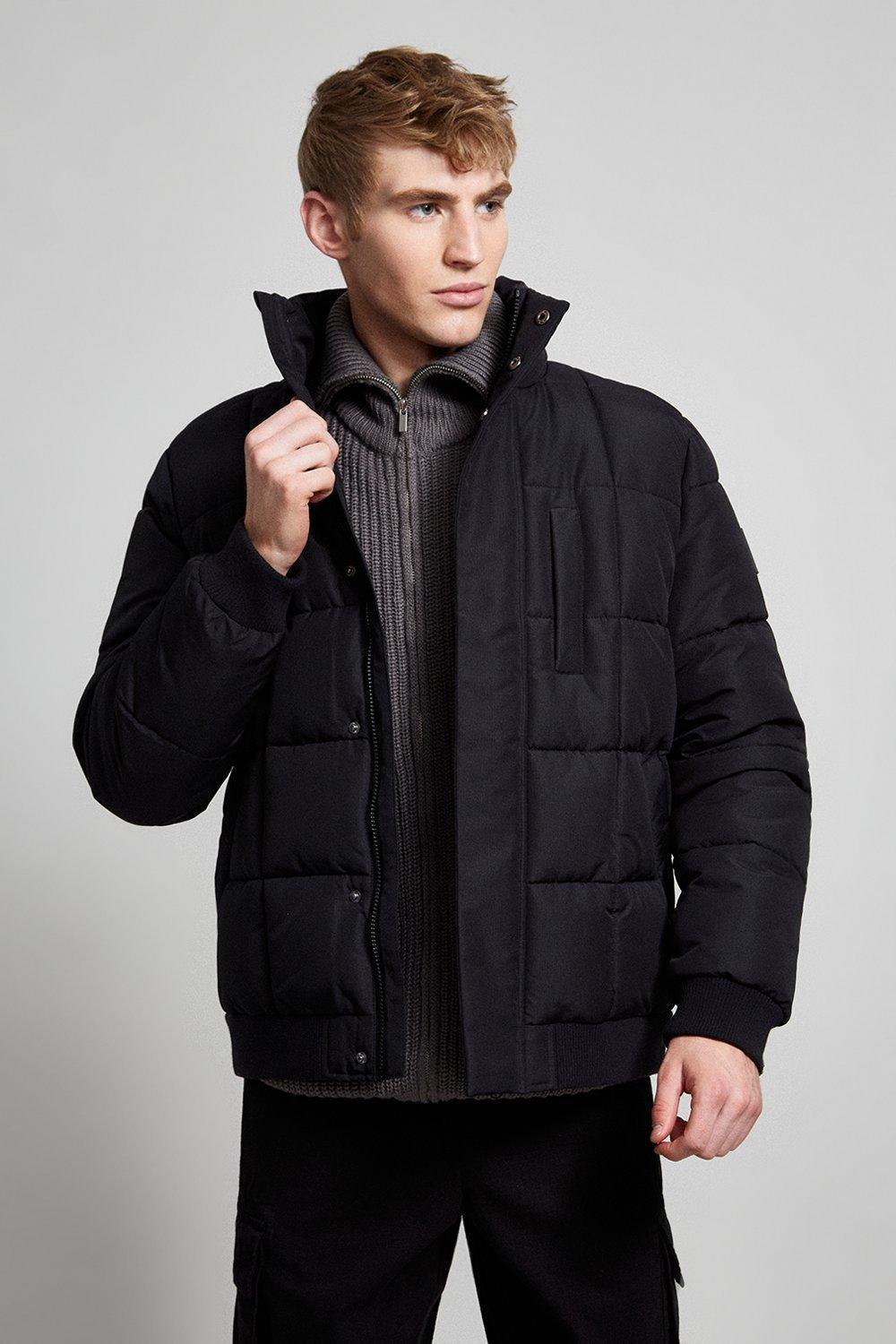 black puffer jacket with funnel neck