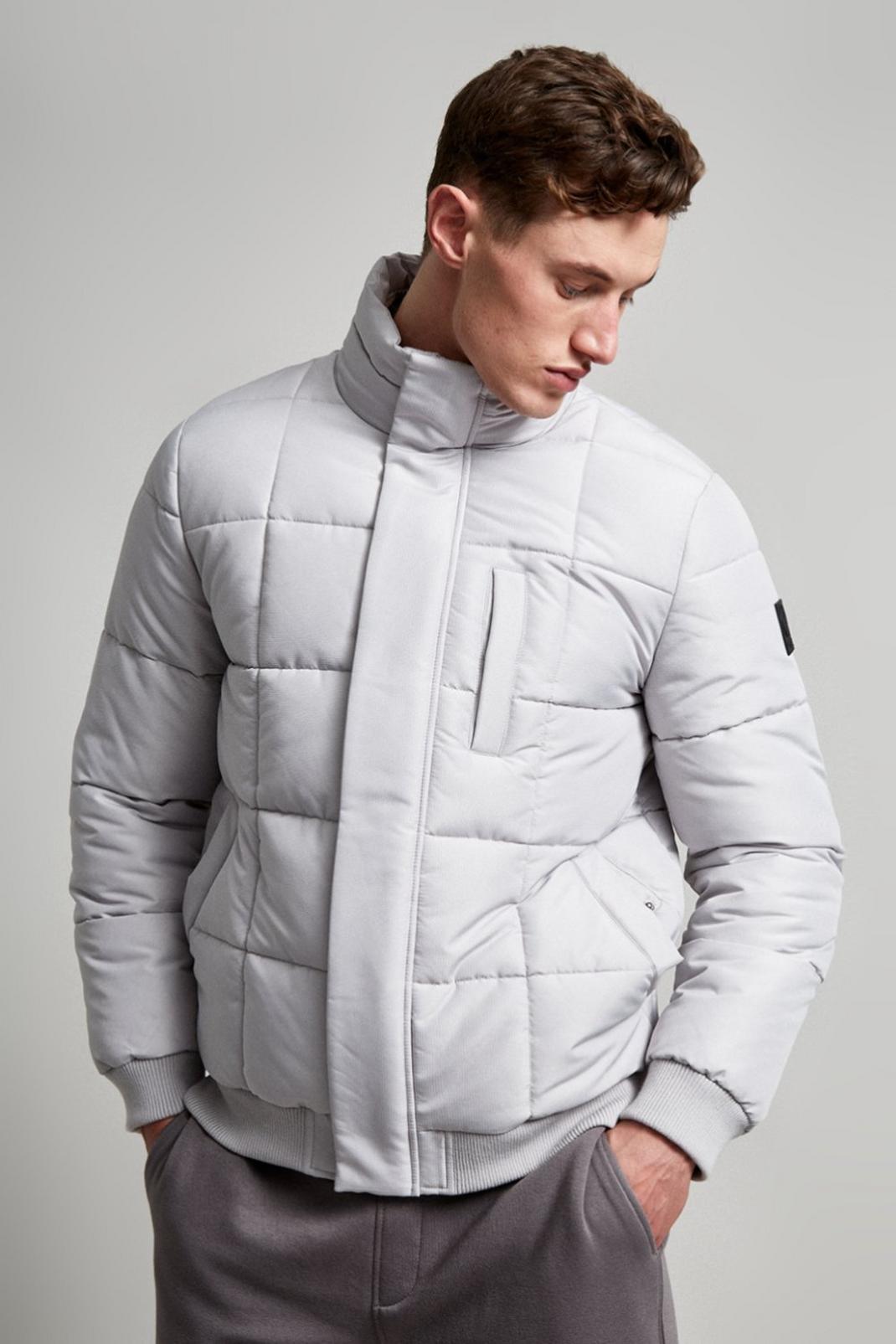 Ice grey Square Quilted Funnel Neck Puffer Jacket image number 1