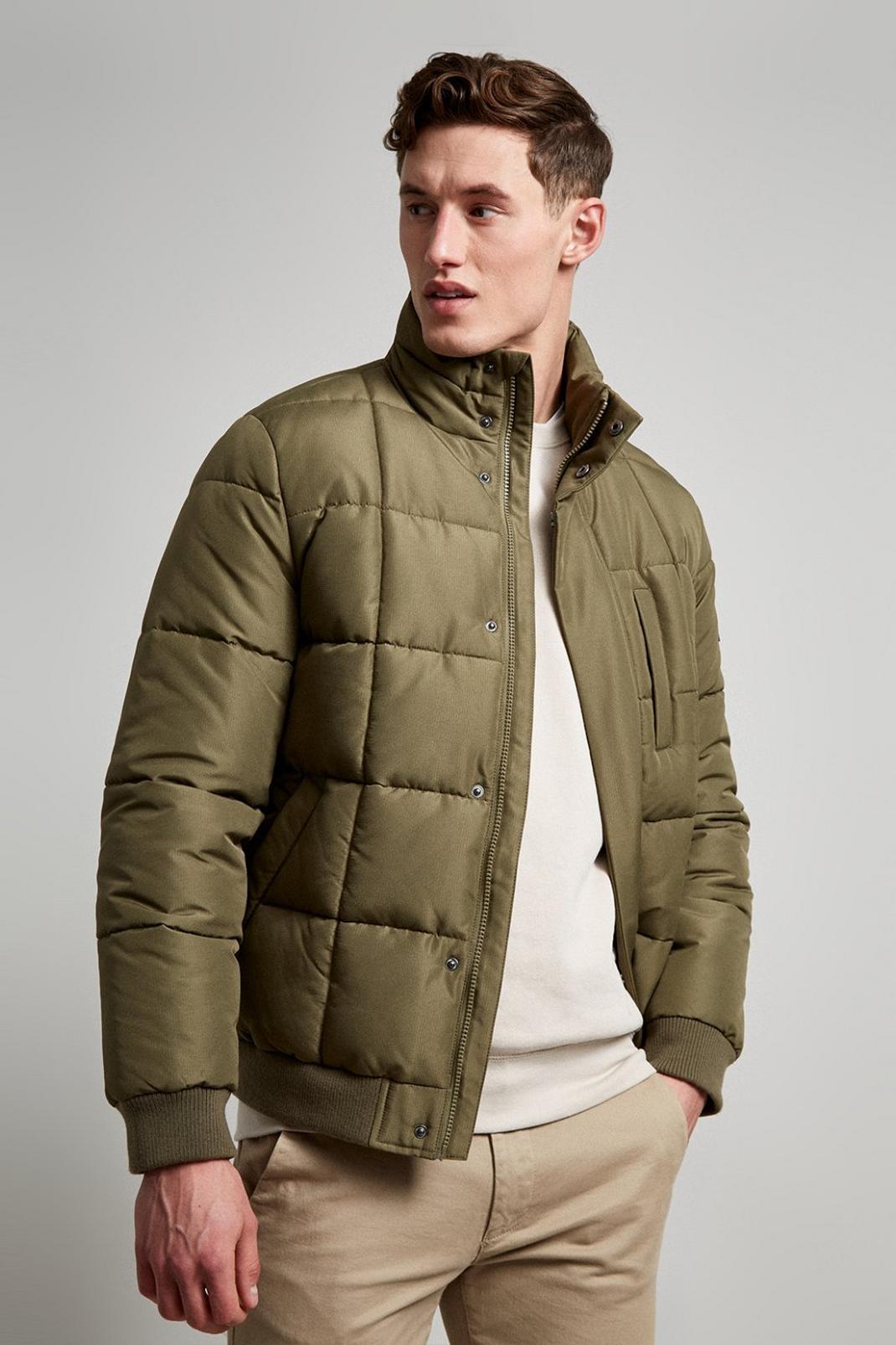 Khaki Square Quilted Funnel Neck Puffer Jacket image number 1