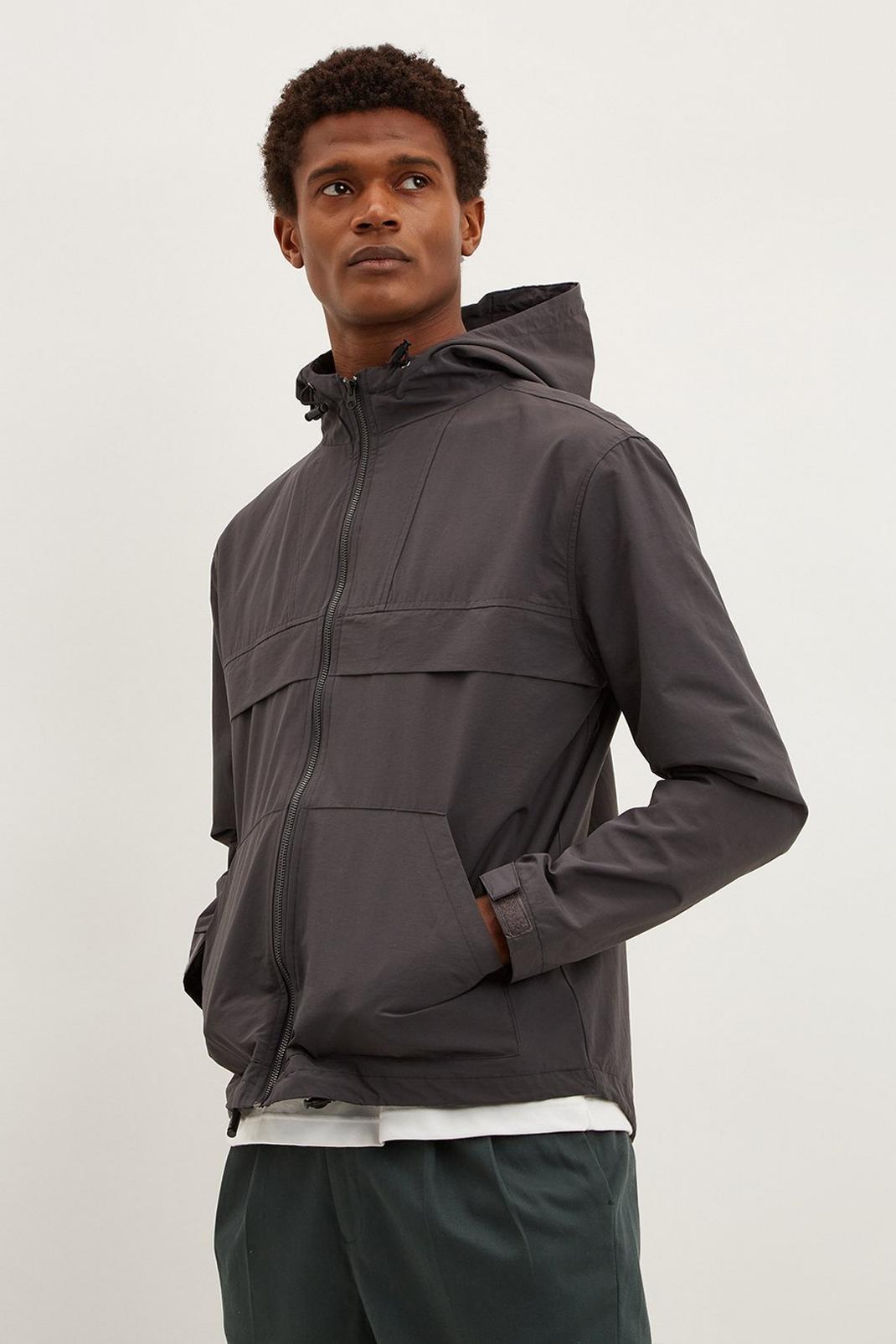 131 Grey Hooded Solid Tech Jacket image number 1